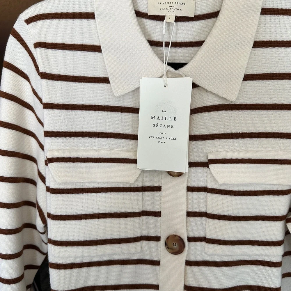 Sezane White and Brown Striped Cardigan Sweater - Picture 2 of 6